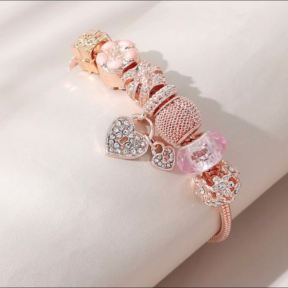 Rose Gold Heart Drop Charm Bracelet - Picture 4 of 5